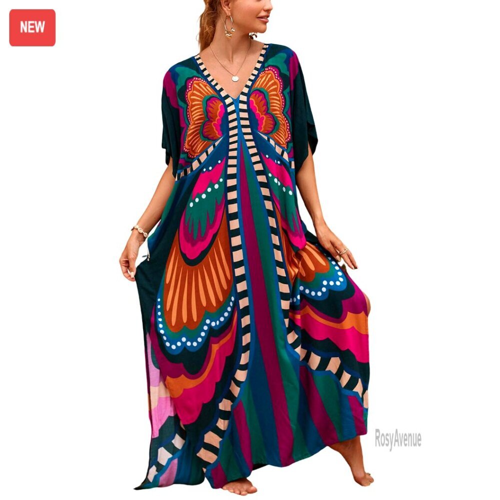 Plus Size Kaftan Maxi Beach Dress Cover Up Flowing Synthetic Silk - Picture 1 of 8